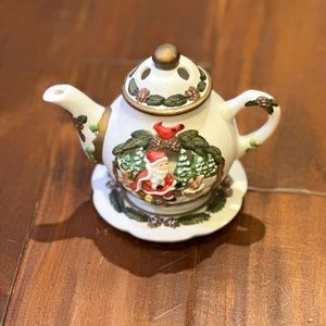 Hand-painted  Porcelain Christmas Themed Teapot Shaped Votive Holder - vintage.